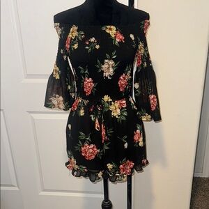 Pink and Red Ruffled Romper with Cold Shoulder and Bell Sleeves